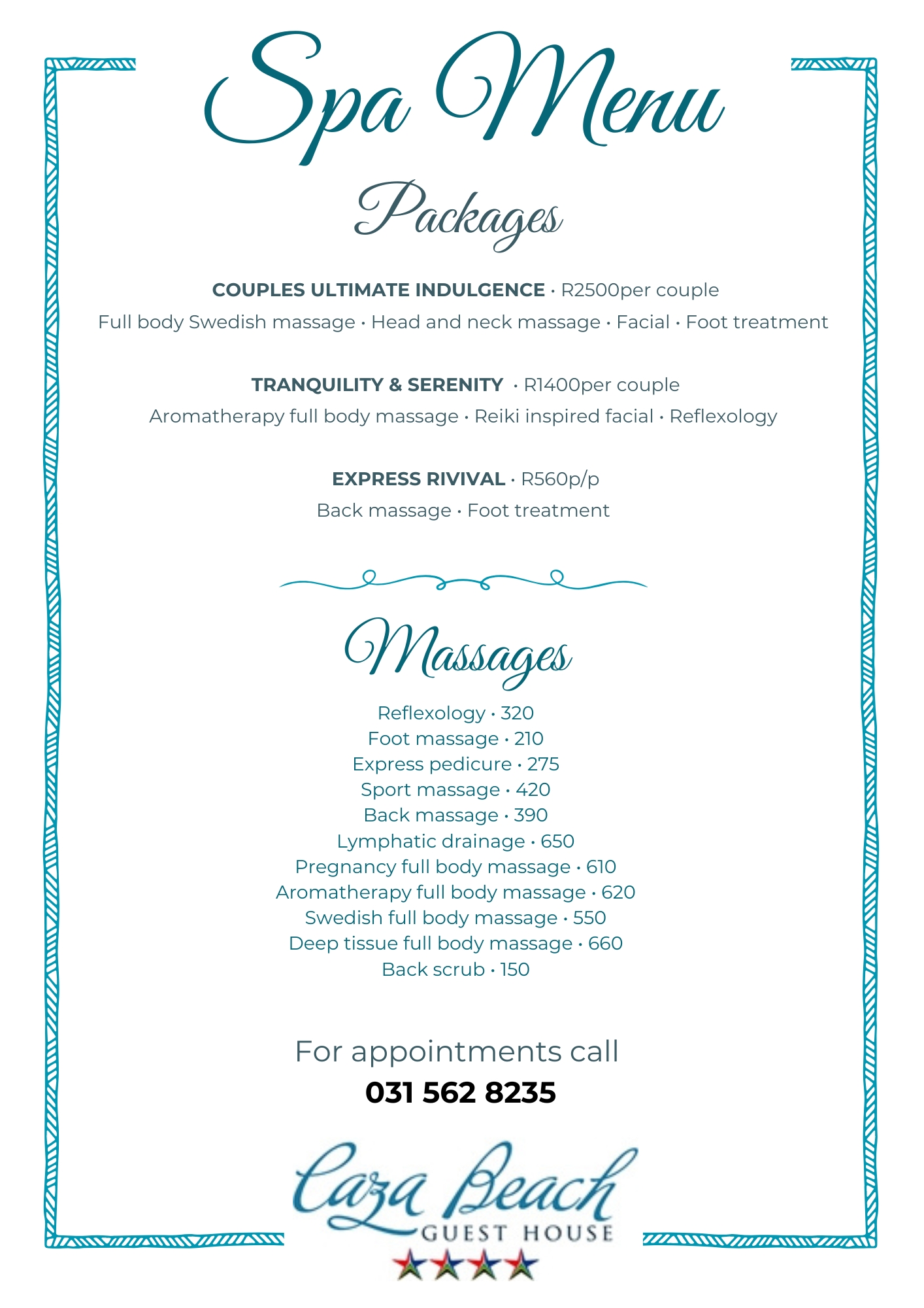 Caza Beach Spa Menu