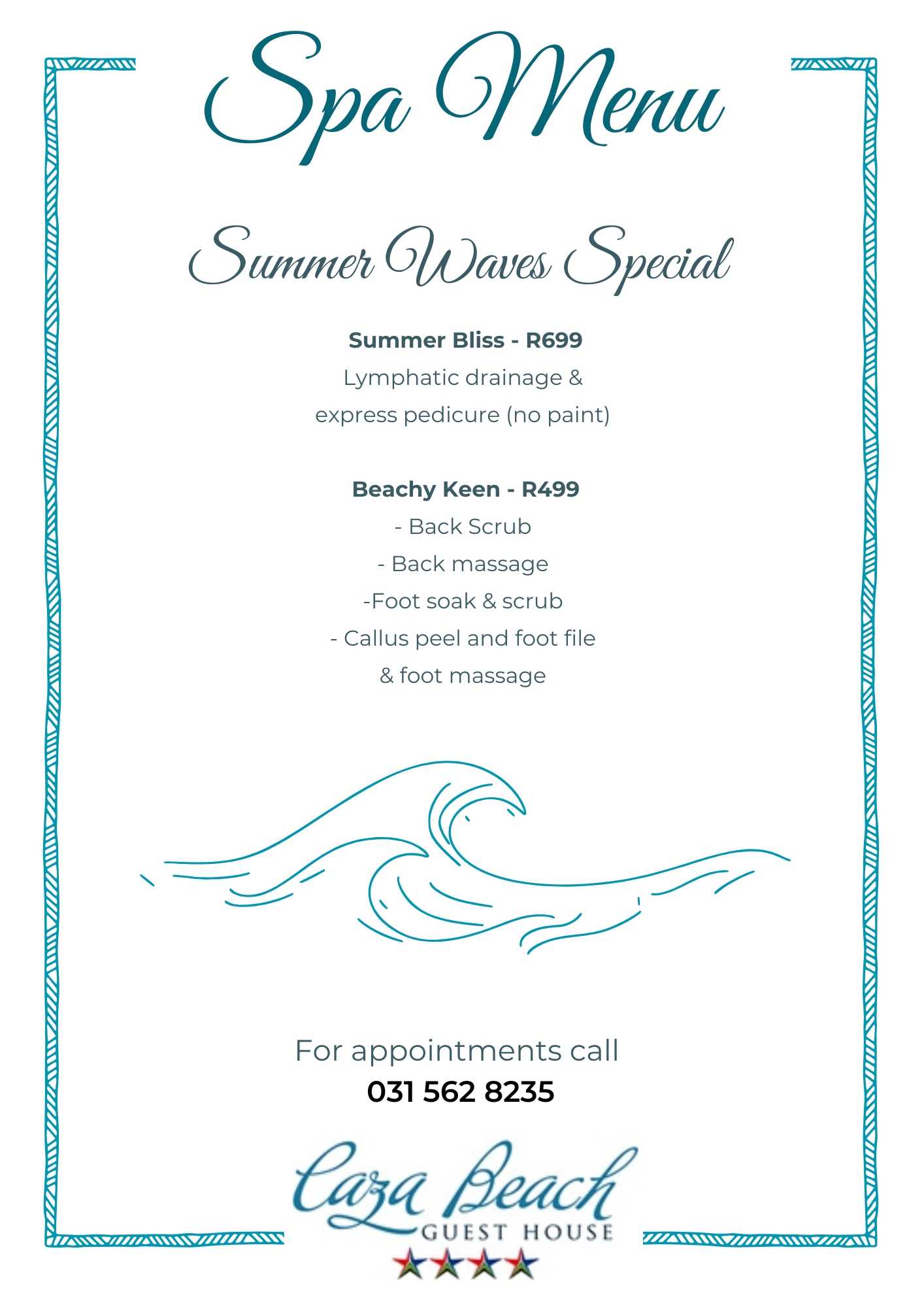 Caza Beach Spa Menu